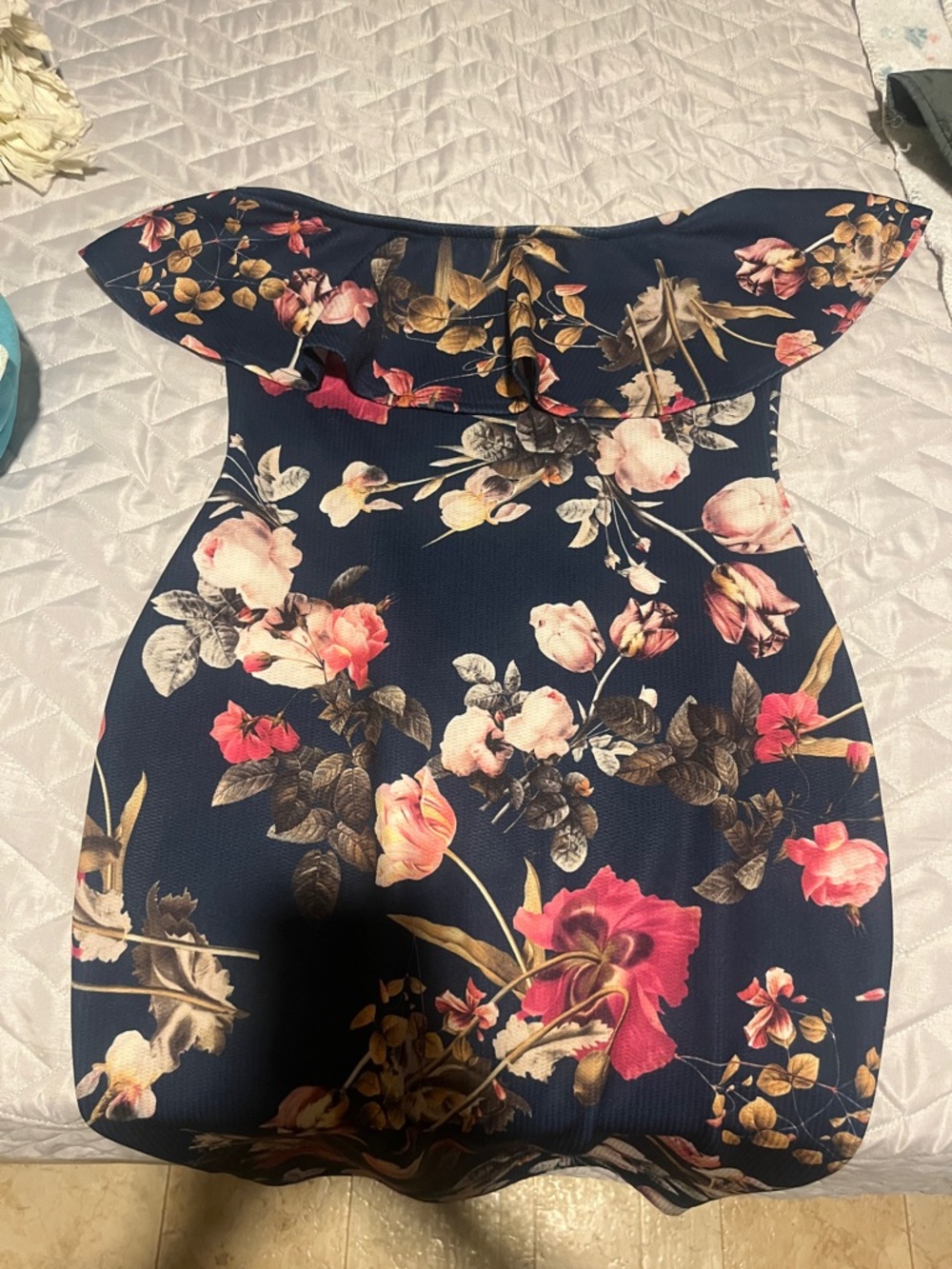ASOS Off Shoulder Floral Bodycon Midi Dress Navy Pink Size 6| Wedding Guest - Picture 4 of 6